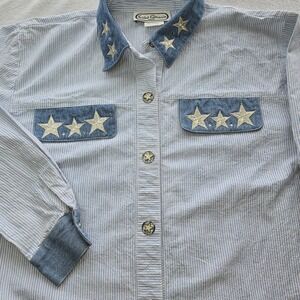 Saint Germain Striped Western Shirt Denim Collar Gold Star Embroidered Blouse...